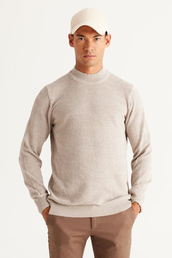 AC&Co / Altınyıldız Classics AC&Co / Altınyıldız Classics Men's Beige Melange Standard Fit Regular Cut Half Turtleneck Cotton Jacquard Knitwear Sweater