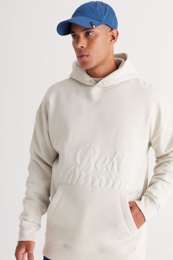 AC&Co / Altınyıldız Classics AC&Co / Altınyıldız Classics Men's Beige Oversize Fit Loose Cut Hooded 3 Thread Printed Sweatshirt with Fleece Inside