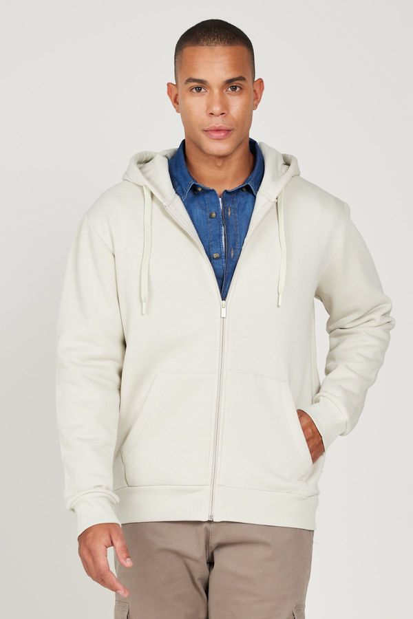 AC&Co / Altınyıldız Classics AC&Co / Altınyıldız Classics Men's Beige Standard Fit Regular Fit Inner Fleece 3 Thread Hooded Zipper Sweatshirt Jacket