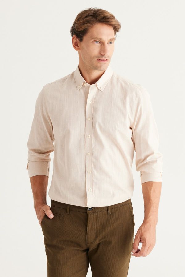 AC&Co / Altınyıldız Classics AC&Co / Altınyıldız Classics Men's Beige Tailored Slim Fit Slim Fit Buttoned Collar Linen Look 100% Cotton Flamed Shirt