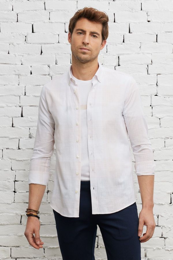 AC&Co / Altınyıldız Classics AC&Co / Altınyıldız Classics Men's Beige-white Slim Fit Slim Fit Buttoned Collar 100% Cotton Striped Shirt