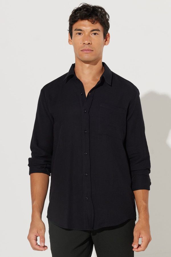 AC&Co / Altınyıldız Classics AC&Co / Altınyıldız Classics Men's Black Comfort Fit Wide Cut Classic Collar 100% Cotton Muslin Shirt