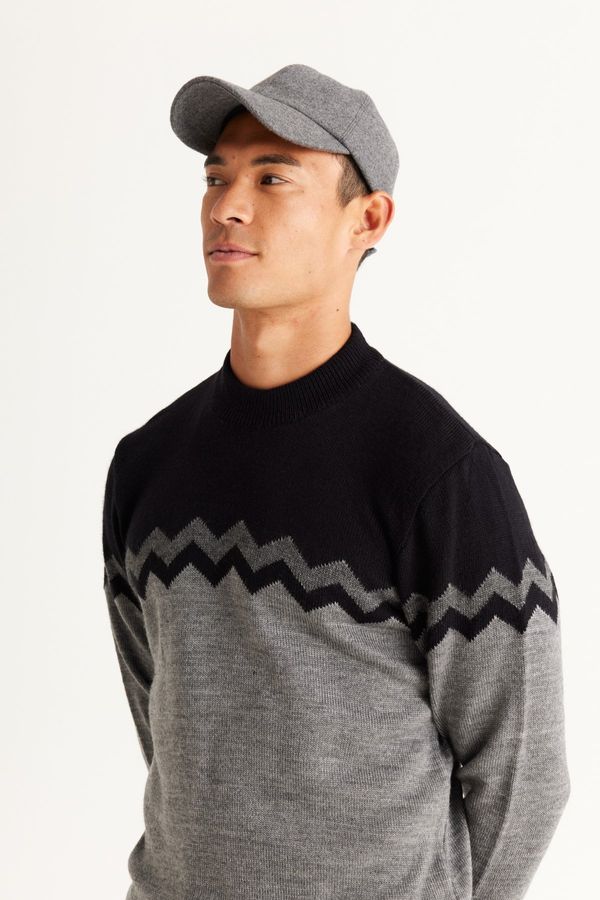 AC&Co / Altınyıldız Classics AC&Co / Altınyıldız Classics Men's Black-gray Melange Standard Fit Normal Cut Half Turtleneck Zigzag Pattern Knitwear Sweater.
