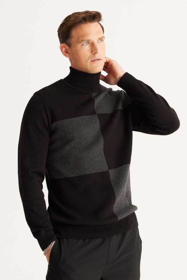 AC&Co / Altınyıldız Classics AC&Co / Altınyıldız Classics Men's Black-Grey Standard Fit Regular Cut Full Turtleneck Cotton Knitwear Sweater.