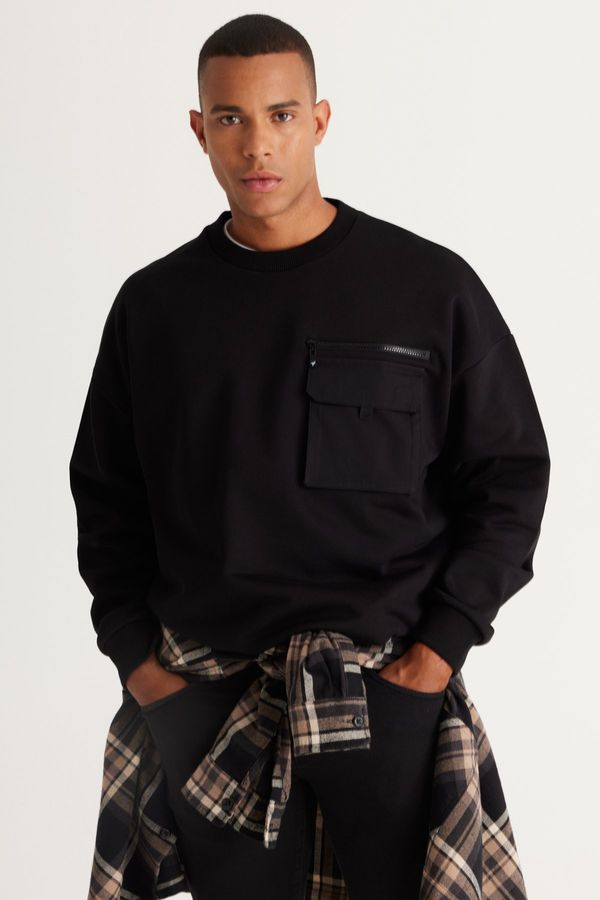 AC&Co / Altınyıldız Classics AC&Co / Altınyıldız Classics Men's Black Oversize Wide-Fit Fleece Yarn Crew Neck 100% Cotton Sweatshirt