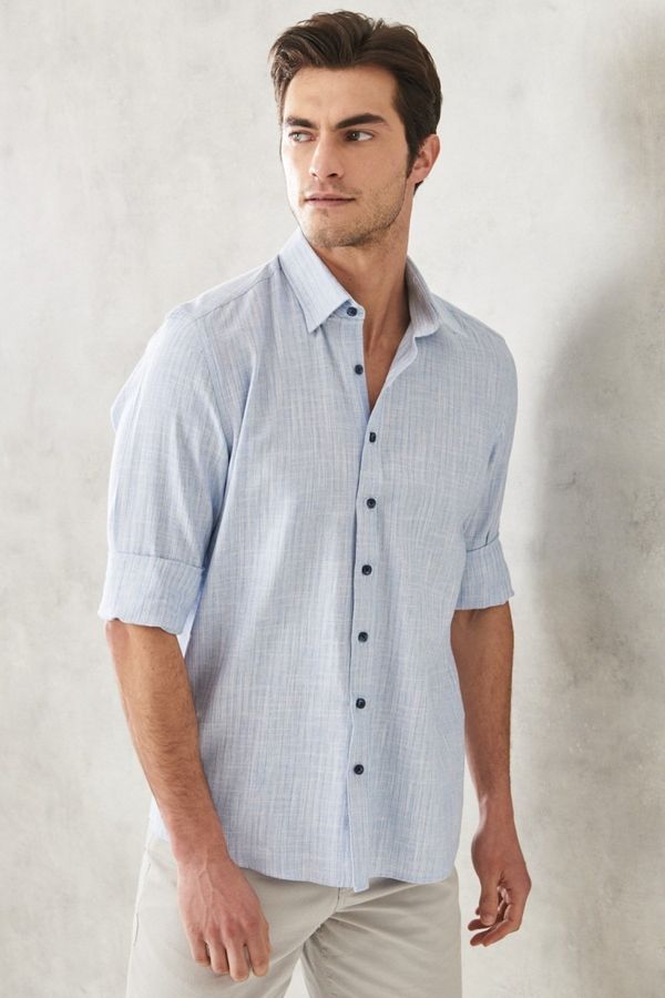 AC&Co / Altınyıldız Classics AC&Co / Altınyıldız Classics Men's Blue Slim Fit Slim Fit Shirt with Hidden Buttons Collar Linen-Looking 100% Cotton Flared Shirt.
