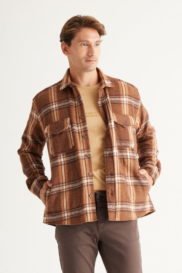 AC&Co / Altınyıldız Classics AC&Co / Altınyıldız Classics Men's Brown-mink Oversize Wide Cut Buttoned Collar Plaid Lumberjack Winter Shirt Jacket