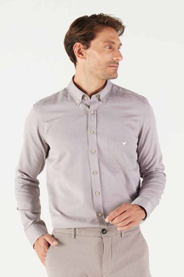 AC&Co / Altınyıldız Classics AC&Co / Altınyıldız Classics Men's Brown Slim Fit Slim-fit, Buttoned Collar Cotton Oxford Shirt with Pocket.