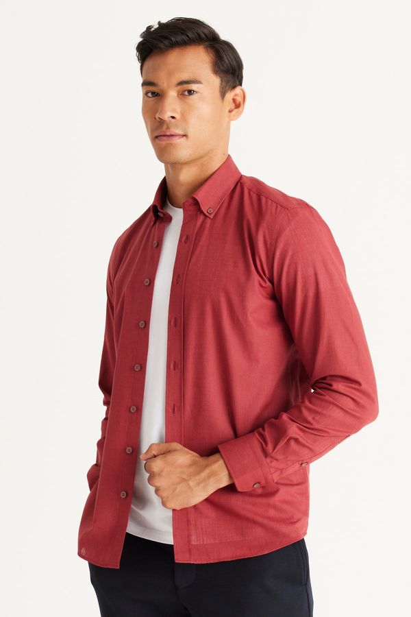 AC&Co / Altınyıldız Classics AC&Co / Altınyıldız Classics Men's Burgundy Tailored Slim Fit Slim Fit Buttoned Collar Linen Look 100% Cotton Flamed Shirt