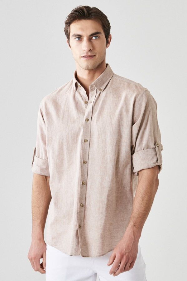 AC&Co / Altınyıldız Classics AC&Co / Altınyıldız Classics Men's Camel Comfort Fit Relaxed Cut Buttoned Collar Casual Linen Shirt