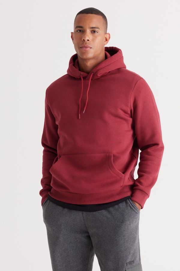 AC&Co / Altınyıldız Classics AC&Co / Altınyıldız Classics Men's Claret Red Standard Fit Hoodie with Fleece 3 Threads, Kangaroo Pocket Cotton Sweatshirt.