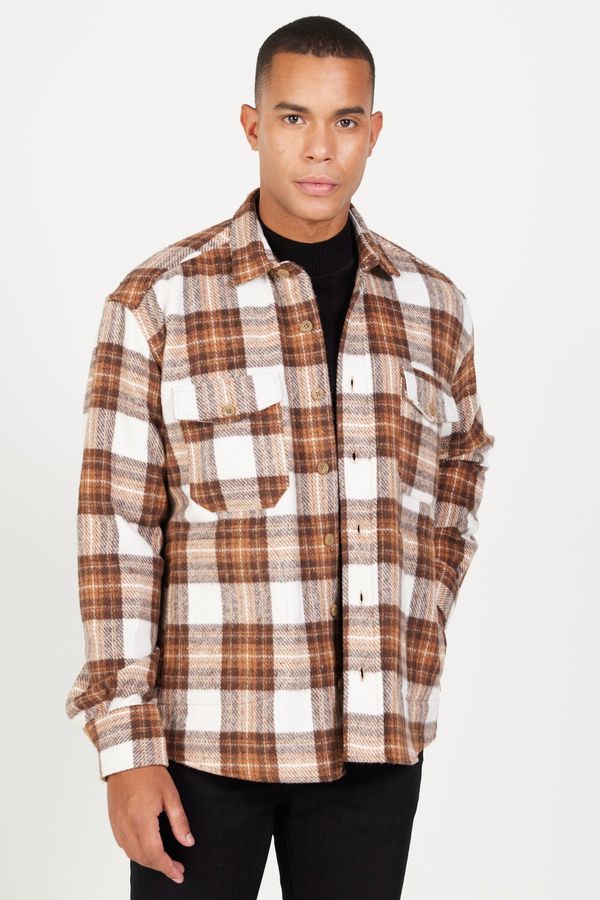 AC&Co / Altınyıldız Classics AC&Co / Altınyıldız Classics Men's Ecru Brown Oversize Wide Cut Buttoned Collar Pocket Checkered Lumberjack Winter Shirt Jacket