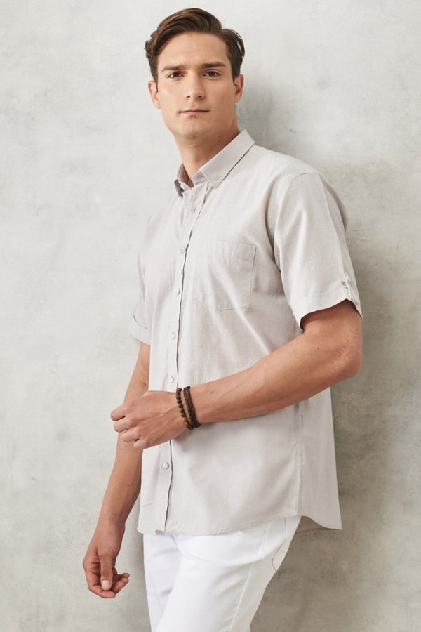 AC&Co / Altınyıldız Classics AC&Co / Altınyıldız Classics Men's Gray Comfort Fit Slim Fit Buttoned Collar Linen Look 100% Cotton Flared Short Sleeve Shirt.