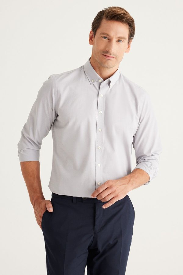 AC&Co / Altınyıldız Classics AC&Co / Altınyıldız Classics Men's Gray Slim Fit Slim-fit Oxford Buttoned Collar Gingham Cotton Shirt.