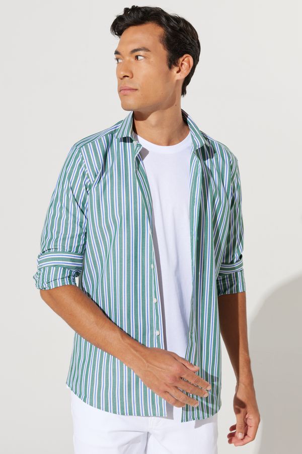 AC&Co / Altınyıldız Classics AC&Co / Altınyıldız Classics Men's Green-Navy Blue Slim Fit Slim Fit Small Italian Collar 100% Cotton Striped Shirt
