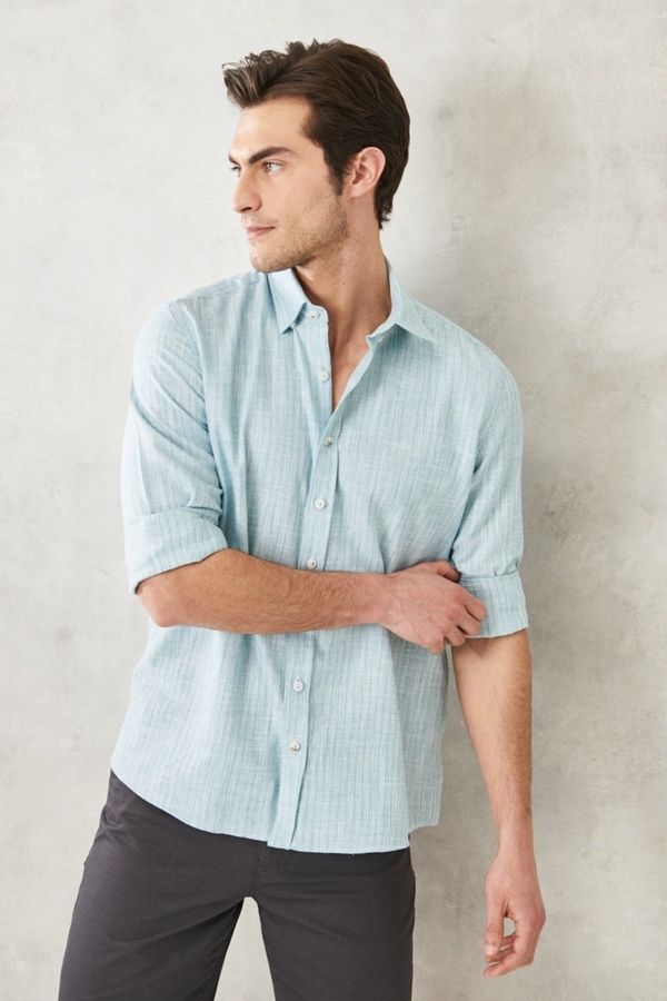 AC&Co / Altınyıldız Classics AC&Co / Altınyıldız Classics Men's Green Slim Fit Slim Fit Shirt with Hidden Buttons Collar Linen-Looking 100% Cotton Flared Shirt.