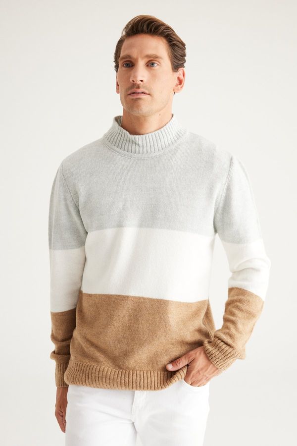 AC&Co / Altınyıldız Classics AC&Co / Altınyıldız Classics Men's Grey-camel Standard Fit Normal Cut Half Turtleneck Raised Soft Textured Knitwear Sweater