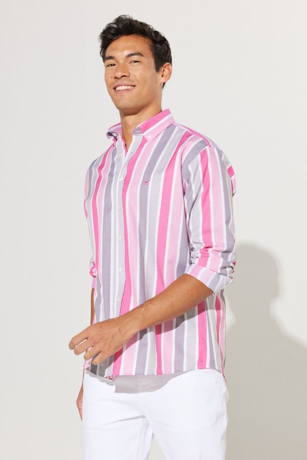 AC&Co / Altınyıldız Classics AC&Co / Altınyıldız Classics Men's Grey-Pink Comfort Fit Comfortable Cut Collar Striped Cotton Shirt with Buttons.