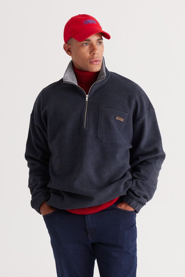 AC&Co / Altınyıldız Classics AC&Co / Altınyıldız Classics Men's Indigo Melange Loose Fit Fleece Yarn High Bato Neck Cotton Sweatshirt