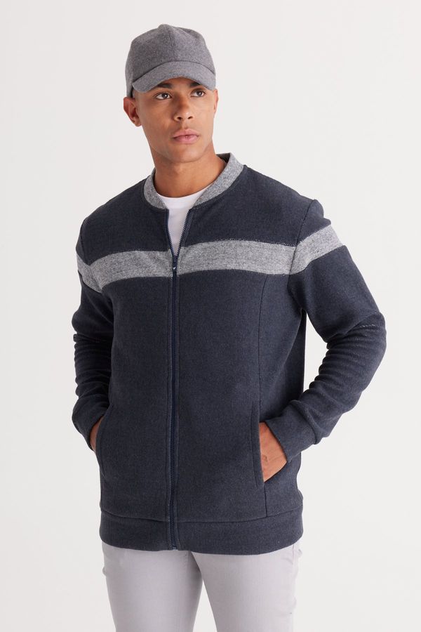 AC&Co / Altınyıldız Classics AC&Co / Altınyıldız Classics Men's Indigo Melange Oversize Fit Loose-Fit Fleece 3 Thread College Collar Cotton Sweatshirt Jacket