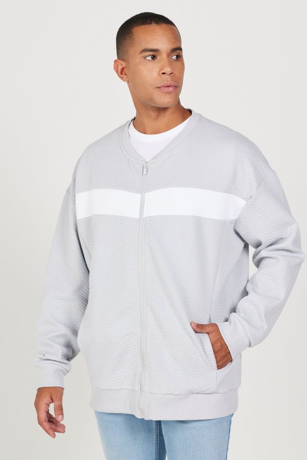 AC&Co / Altınyıldız Classics AC&Co / Altınyıldız Classics Men's Light Gray Oversize Loose Cut Fleece Inside 3 Thread College Collar Patterned Sweatshirt Jacket