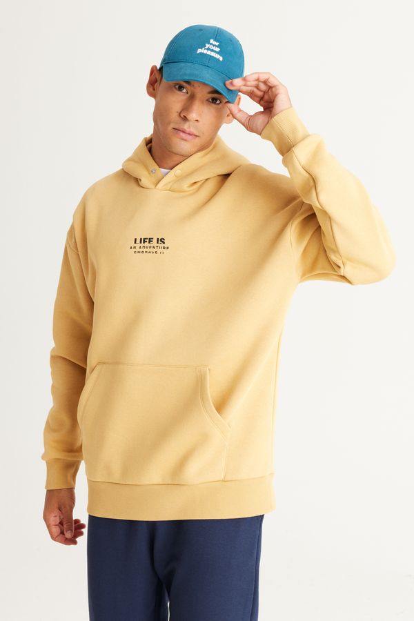 AC&Co / Altınyıldız Classics AC&Co / Altınyıldız Classics Men's Mustard Oversize Fit Loose Fit Hooded Fleece 3-Thread Cotton Sweatshirt