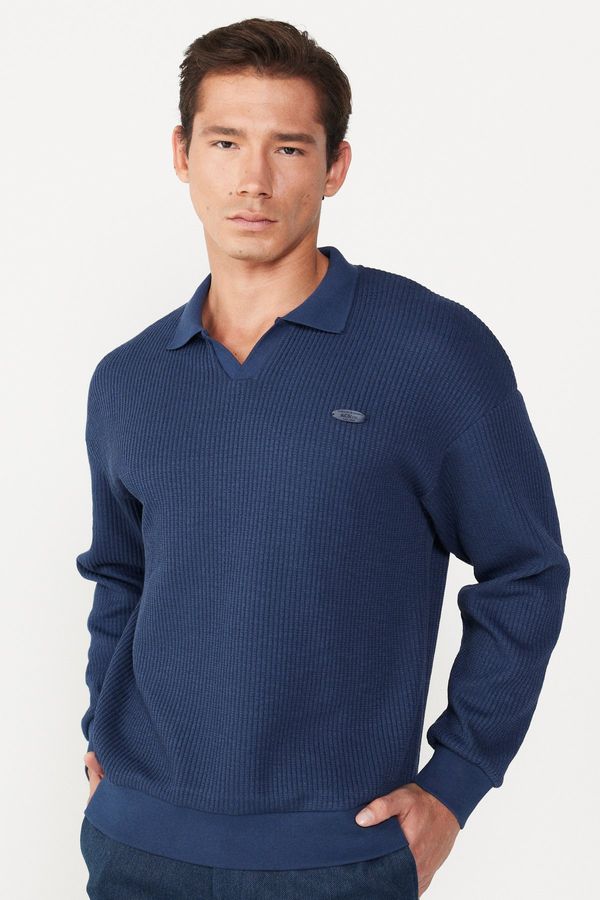AC&Co / Altınyıldız Classics AC&Co / Altınyıldız Classics Men's Navy Blue Loose Fit Fleece 3 Thread Polo Neck Jacquard Sweatshirt