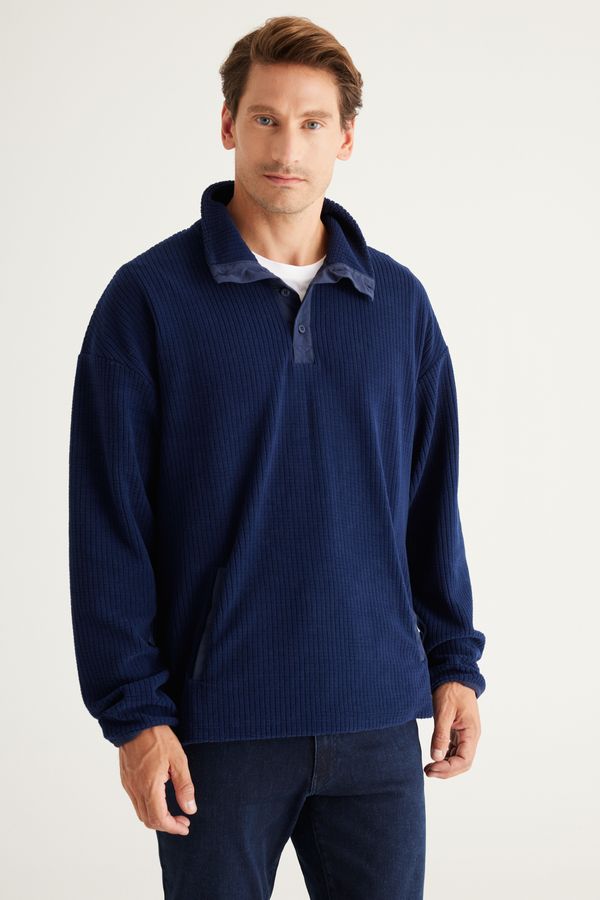 AC&Co / Altınyıldız Classics AC&Co / Altınyıldız Classics Men's Navy Blue Loose Fit Stand-Up Collar Jacquard Soft Touch Fleece Sweatshirt
