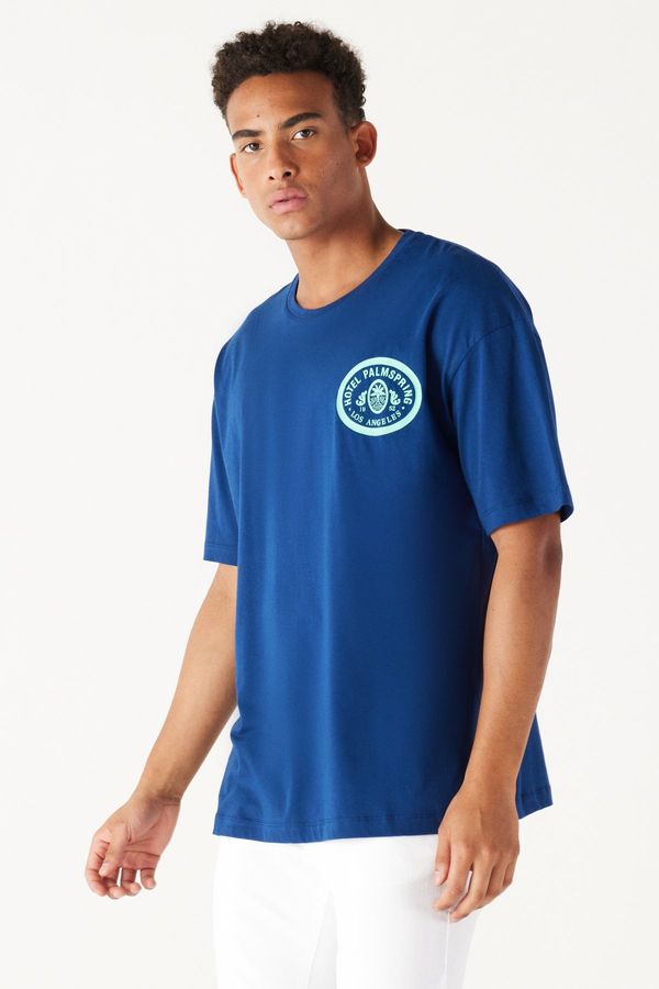 AC&Co / Altınyıldız Classics AC&Co / Altınyıldız Classics Men's Navy Blue Oversize Wide Cut Crew Neck 100% Cotton Printed T-Shirt
