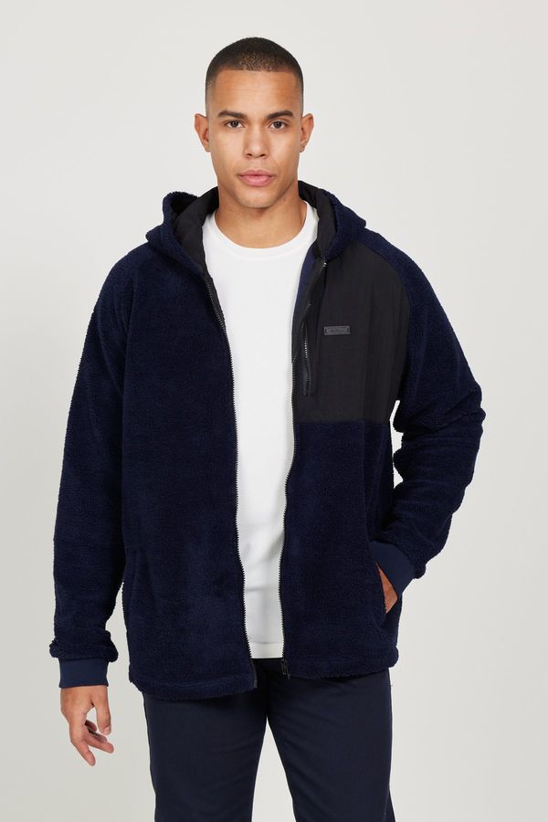 AC&Co / Altınyıldız Classics AC&Co / Altınyıldız Classics Men's Navy Blue Oversize Wide Fit Hooded Sherpa Fleece Sweatshirt Jacket