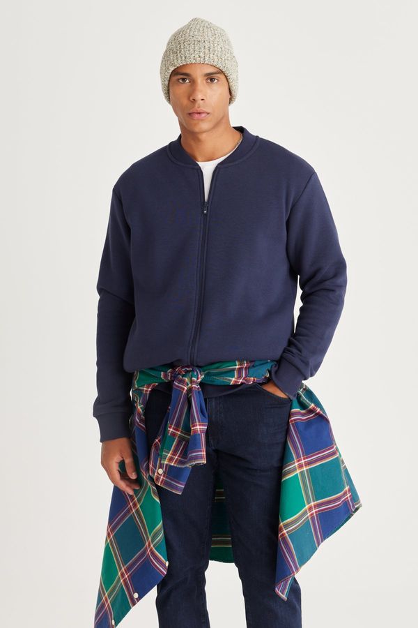 AC&Co / Altınyıldız Classics AC&Co / Altınyıldız Classics Men's Navy Blue Standard Fit Regular Cut Inner Fleece 3 Thread College Collar Cotton Sweatshirt Jacket