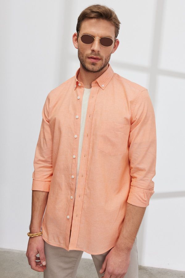 AC&Co / Altınyıldız Classics AC&Co / Altınyıldız Classics Men's Orange Slim Fit Slim Fit Buttoned Collar Flamed Linen Shirt