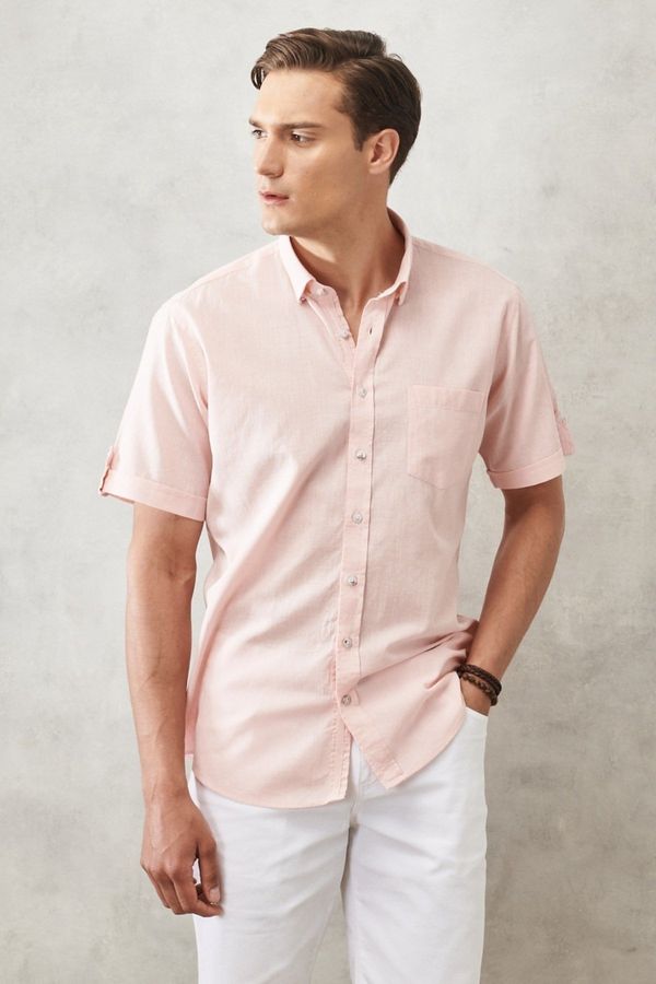AC&Co / Altınyıldız Classics AC&Co / Altınyıldız Classics Men's Pink Comfort Fit Comfy Cut, Buttoned Collar Linen-Looking 100% Cotton Short Sleeve Shirt.