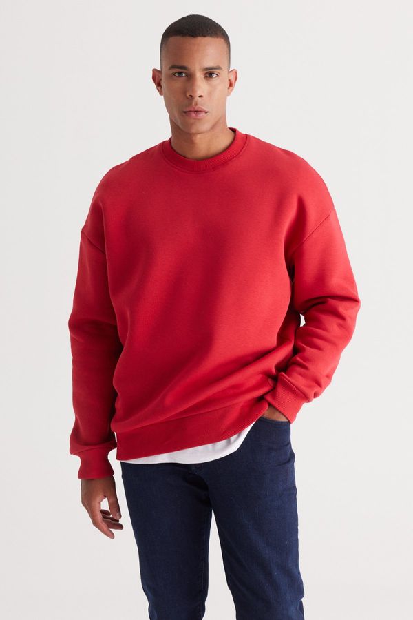 AC&Co / Altınyıldız Classics AC&Co / Altınyıldız Classics Men's Red Oversize Fit Loose Fit Cotton Fleece 3 Thread Crew Neck Sweatshirt