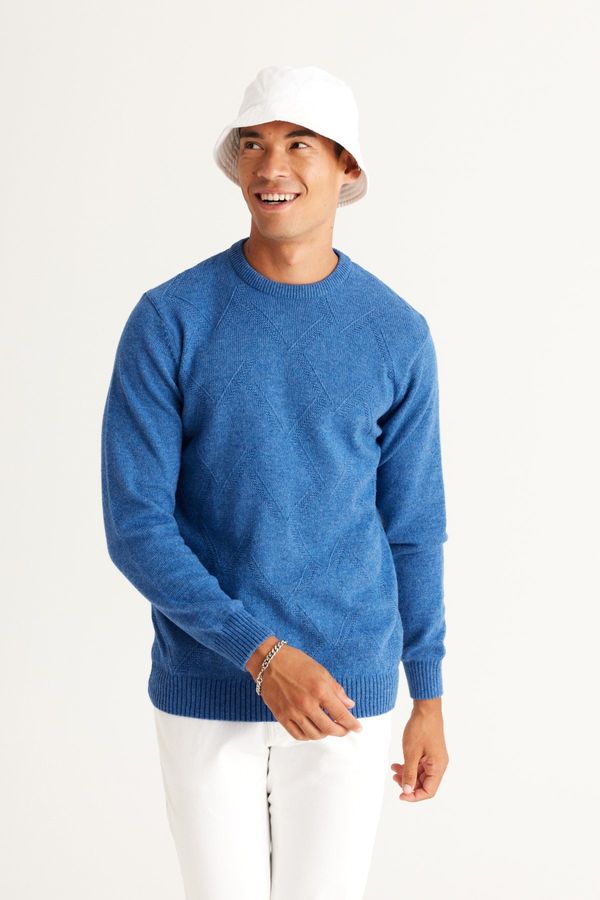 AC&Co / Altınyıldız Classics AC&Co / Altınyıldız Classics Men's Saks Blue Standard Fit Regular Cut Crew Neck Jacquard Knitwear Sweater