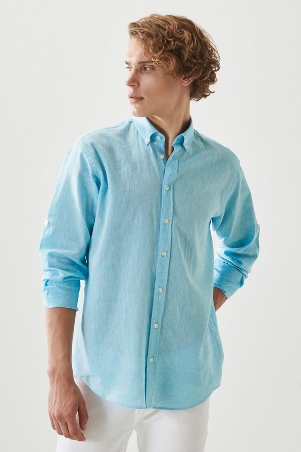 AC&Co / Altınyıldız Classics AC&Co / Altınyıldız Classics Men's Turquoise Comfort Fit Relaxed-Cut Buttoned Collar Casual Linen Shirt.