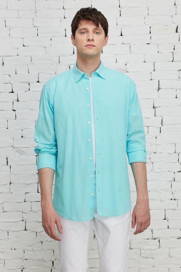 AC&Co / Altınyıldız Classics AC&Co / Altınyıldız Classics Men's Turquoise Comfort Fit Relaxed Cut Concealed Button Collar 100% Cotton Flamed Shirt
