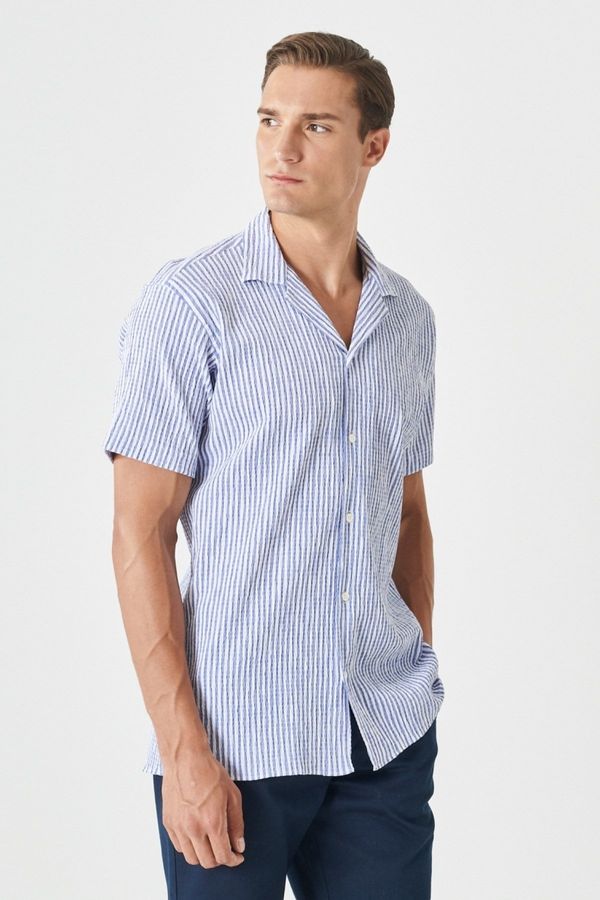 AC&Co / Altınyıldız Classics AC&Co / Altınyıldız Classics Men's White-blue Comfort Fit Comfy Cut Monocollar See-through Striped Shirt.