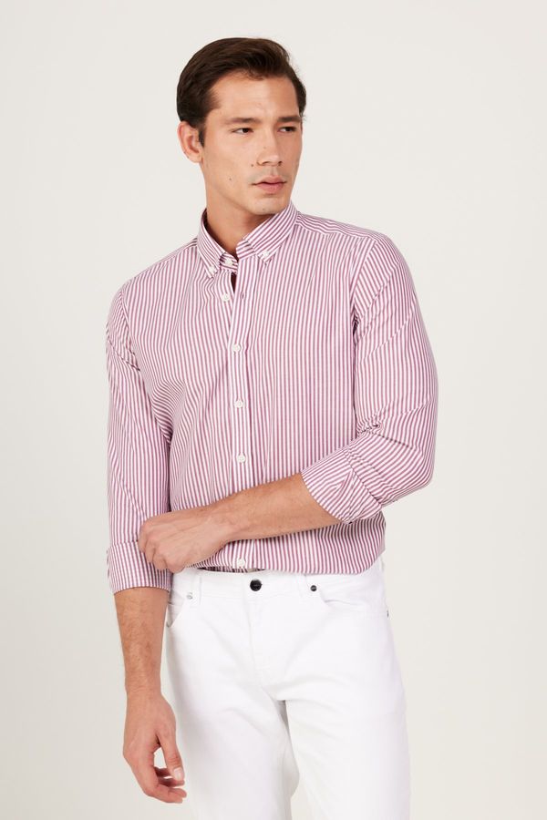 AC&Co / Altınyıldız Classics AC&Co / Altınyıldız Classics Men's White-burgundy Slim Fit Slim Fit Button-down Collar Cotton Striped Shirt