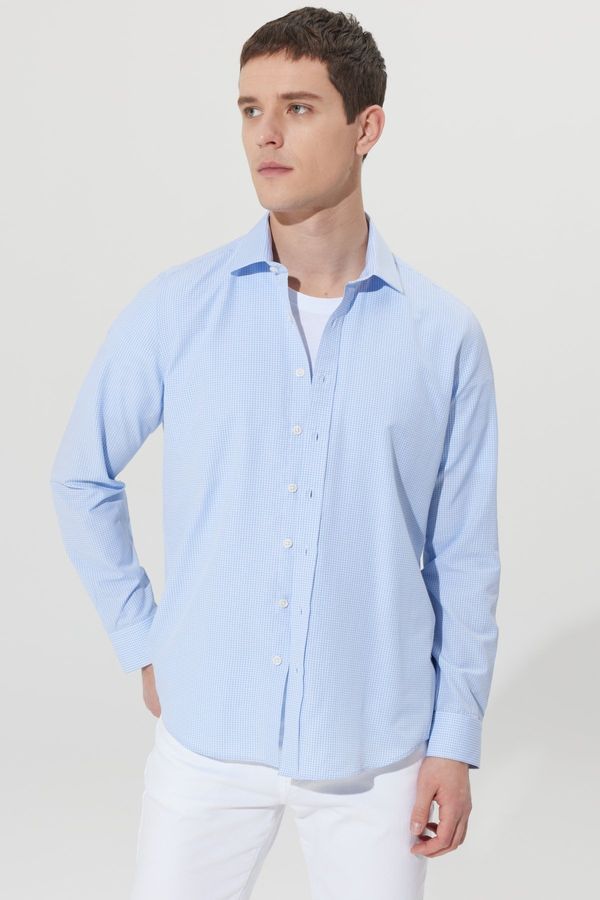 AC&Co / Altınyıldız Classics AC&Co / Altınyıldız Classics Men's White-light Blue Slim Fit Slim Fit Classic Collar Cotton Check Shirt