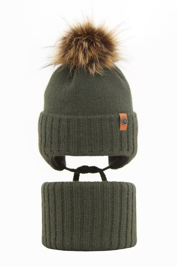 AGBO AGBO Boy's winter set: hat and tube scarf khaki Dominik with pompom