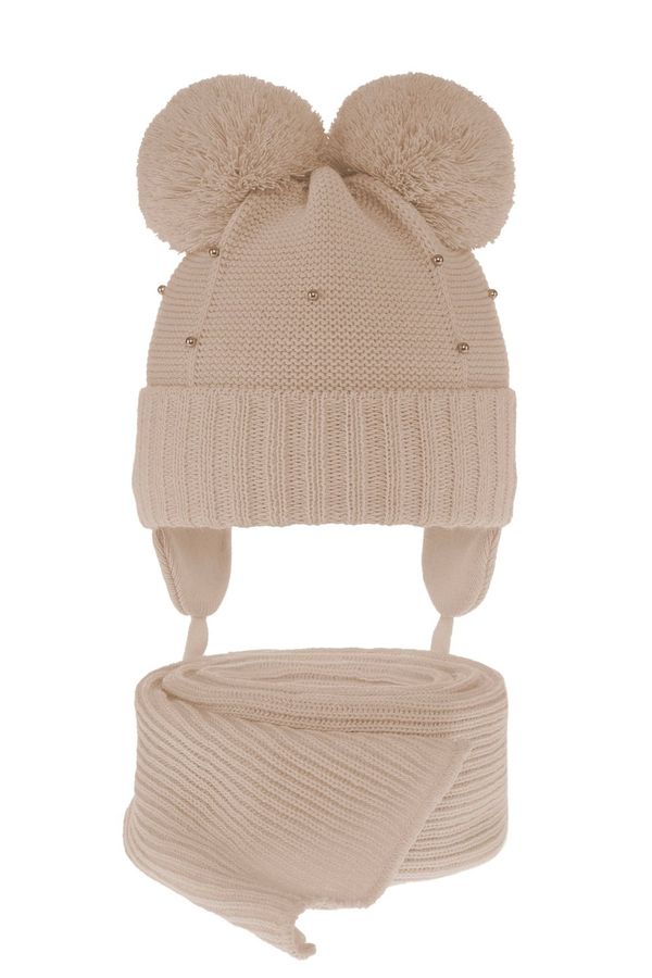 AGBO AGBO Girl's winter set: hat and scarf beige Fibien with two pompom