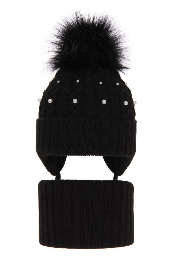 AGBO AGBO Girl's winter set: hat and tube scarf black Safona with pompom