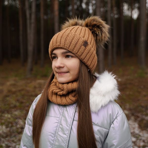 AGBO AGBO Girl's winter set: hat and tube scarf camel Donata with two pompom