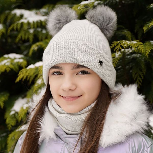 AGBO AGBO Girl's winter set: hat and tube scarf grey Milagros with two pompom