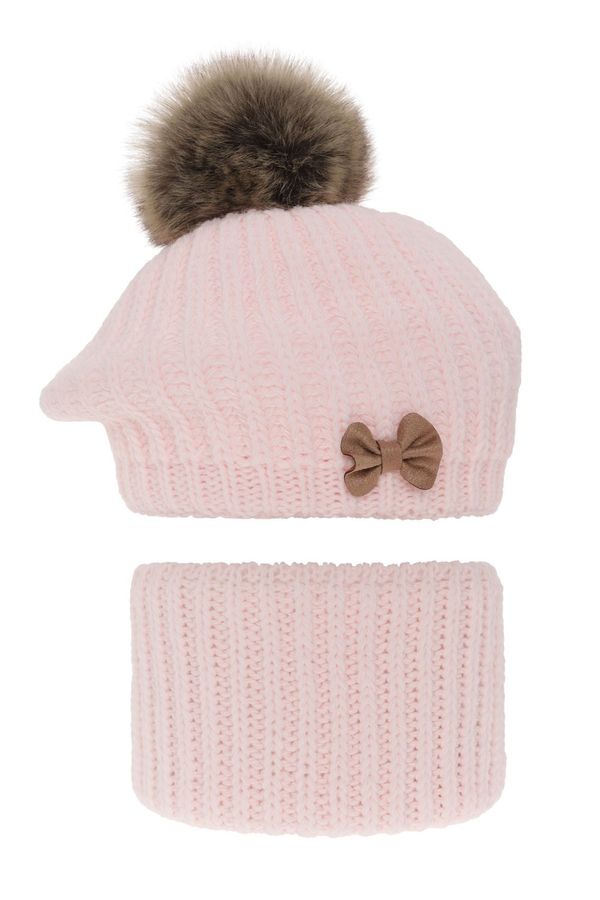 AGBO AGBO Girl's winter set: hat and tube scarf pink Polinezja with pompom