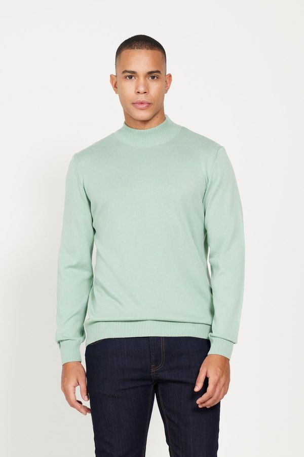 ALTINYILDIZ CLASSICS ALTINYILDIZ CLASSICS Men's Aqua Green Standard Fit Regular Cut Half Turtleneck Cotton Knitwear Sweater