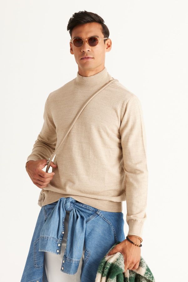 ALTINYILDIZ CLASSICS ALTINYILDIZ CLASSICS Men's Beige Anti-Pilling Standard Fit Normal Cut Half Turtleneck Knitwear Sweater.