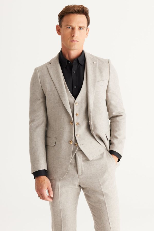 ALTINYILDIZ CLASSICS ALTINYILDIZ CLASSICS Men's Beige Slim Fit Slim Fit Mono Collar Patterned Vest Suit