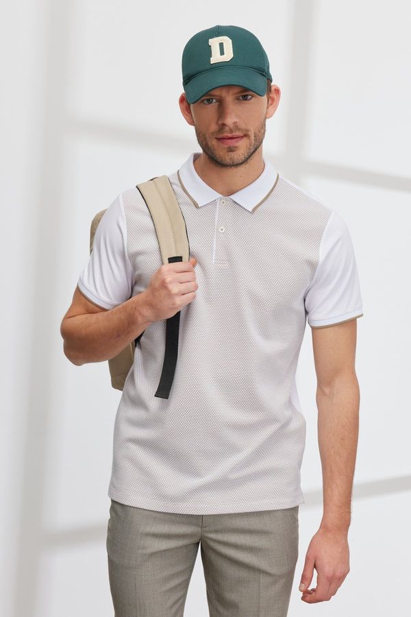 ALTINYILDIZ CLASSICS ALTINYILDIZ CLASSICS Men's Beige-white Slim Fit Slim Fit Polo Neck Jacquard T-Shirt.